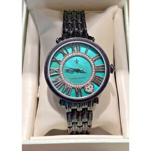 Judith Ripka London Green Metallic + Rhinestones Watch Black Stainless BNIB